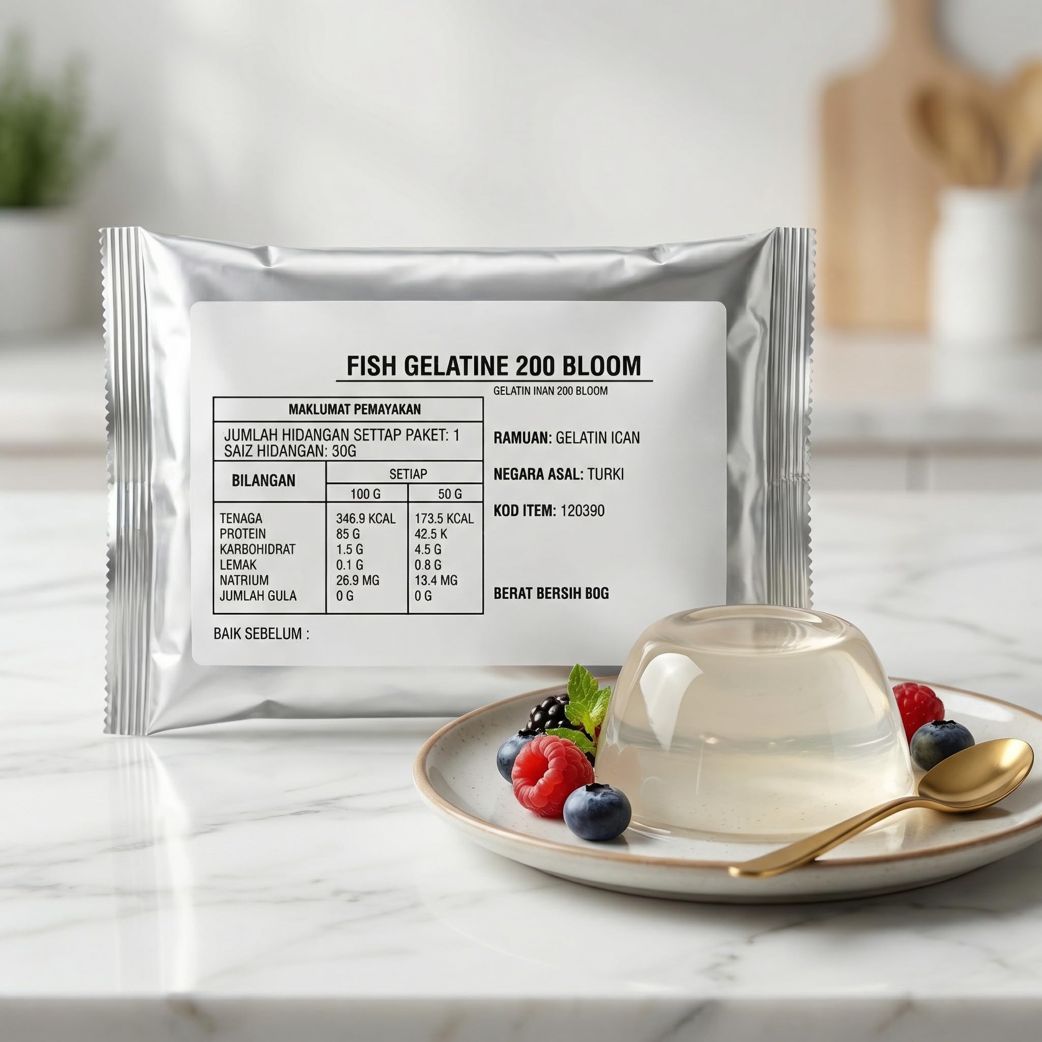 Gélatine de Poisson 200 Bloom 60g - Qualité Pâtisserie - Halal - Idéale Mousses, Panna Cotta, Gummies & Entremets - Origine Turquie
