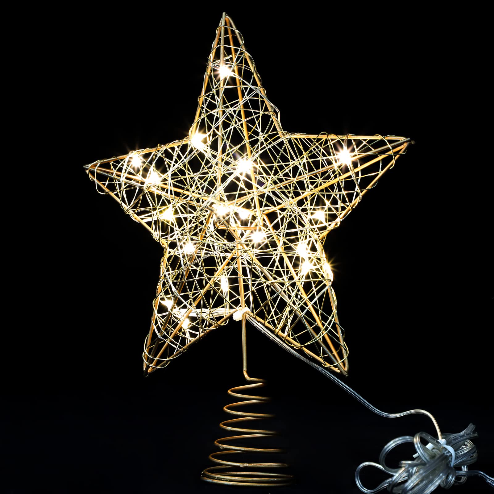 Holitown Christmas Tree Toppers, 7“ Star Treetop Warm White 20 Lights, Lighted Tree Topper Battery Powered with Timer, Retro Style Metal Xmas Treetop Star for Xmas Tree Indoor Decor