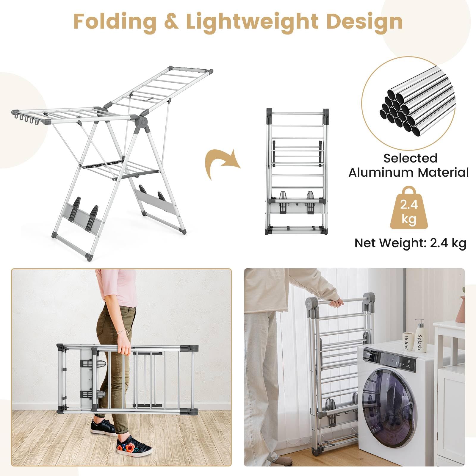 Wäscheständer mit 2 Ebenen, zusammenklappbar, höhenverstellbar, Flügel-Design, 10 Sockenclips, Schuhhalter, für drinnen und draußen, Stahl