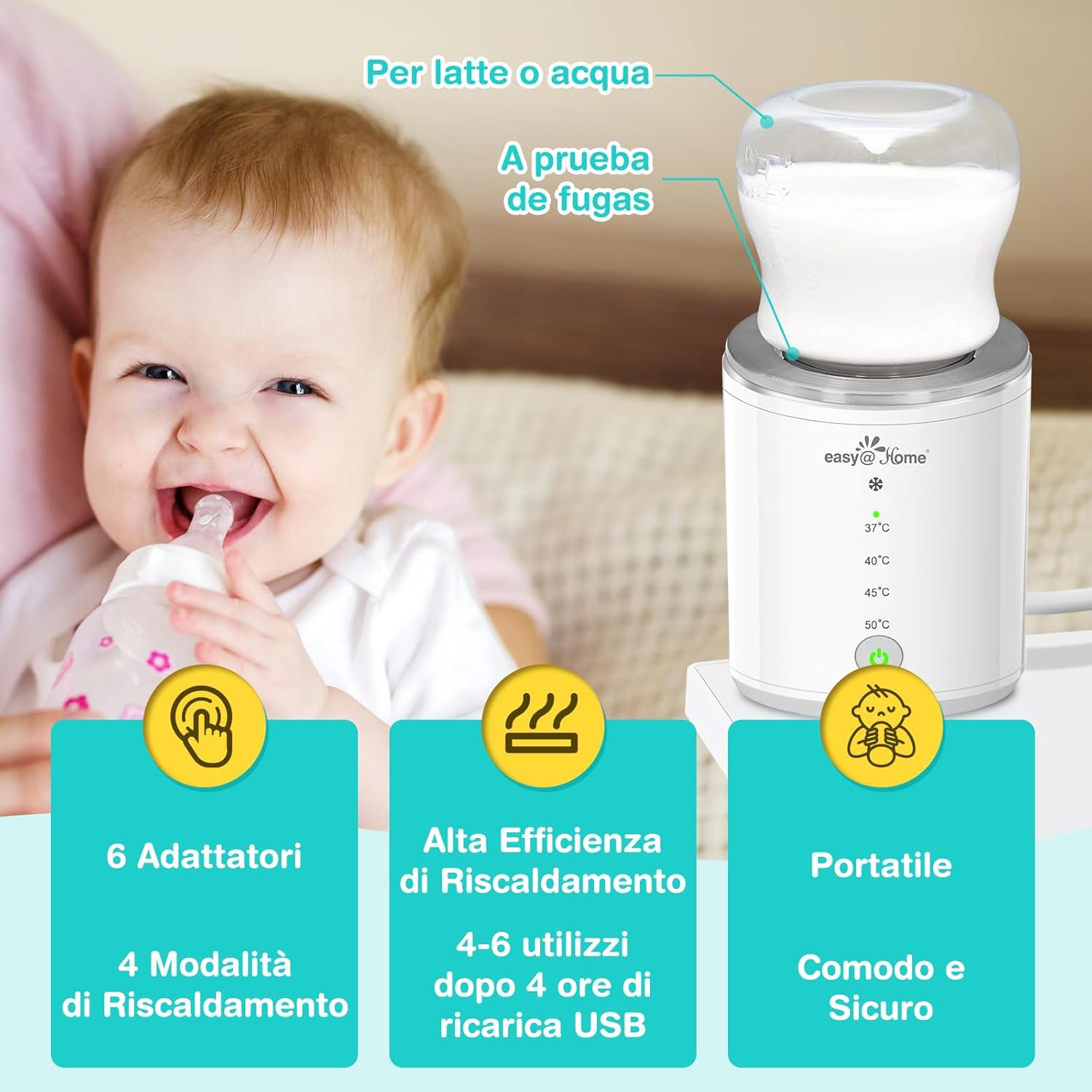 Image highlighting key features of the Easy@Home bottle warmer: 6 adapters, high heating efficiency, and portability.