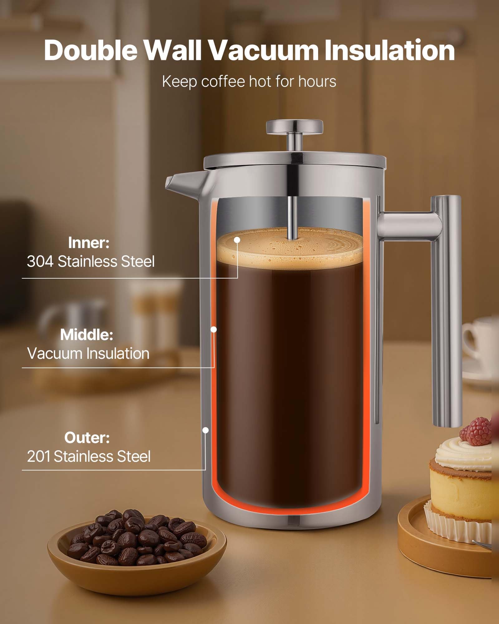 VEVOR Cafetera de Prensa Francesa de Acero Inoxidable, 1,5 L, con Filtro, Grande, de Doble Pared, con Aislamiento, para Café Frío, para Camping, Viajes, Hogar, Cocina, Plata, 190 x 115 x 245 mm