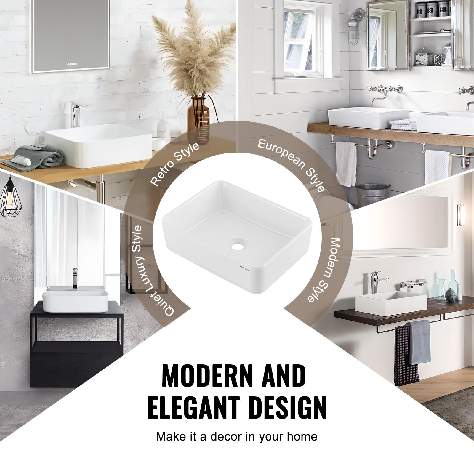 VEVOR Lavabo Rectangular, Lavabo de Cerámica Engrosada Blanca Brillante para Baño sobre Encimera, Estilo Moderno, Elegante y Luminoso, Perfecto para Baño, Hotel, Inodoro, 482 x 373 x 135 mm, φ 43 mm