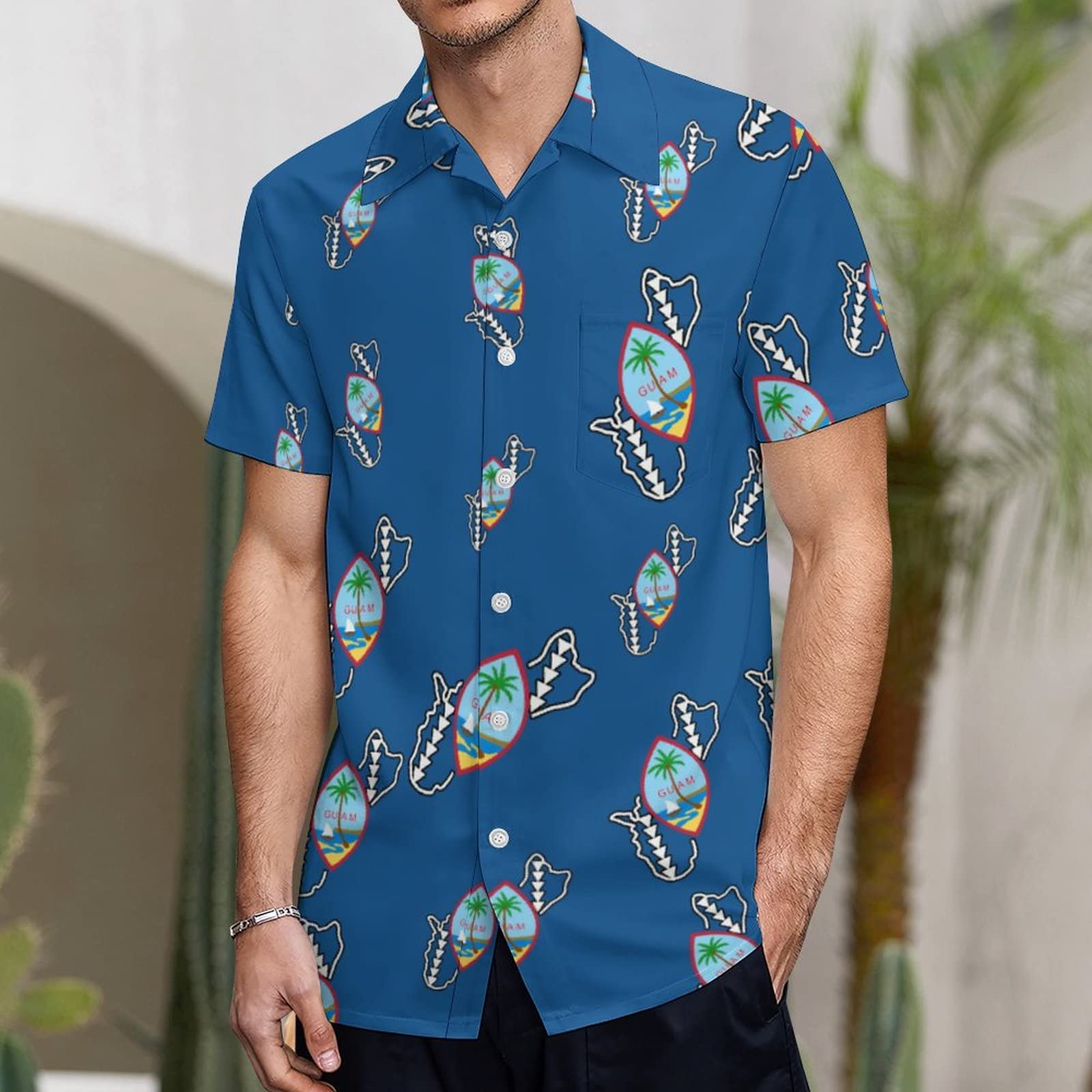 Guam Flag Seal Men's Shirt Short-Sleeve Button Hawaiian Shirt Tops for Casual Beach Work M