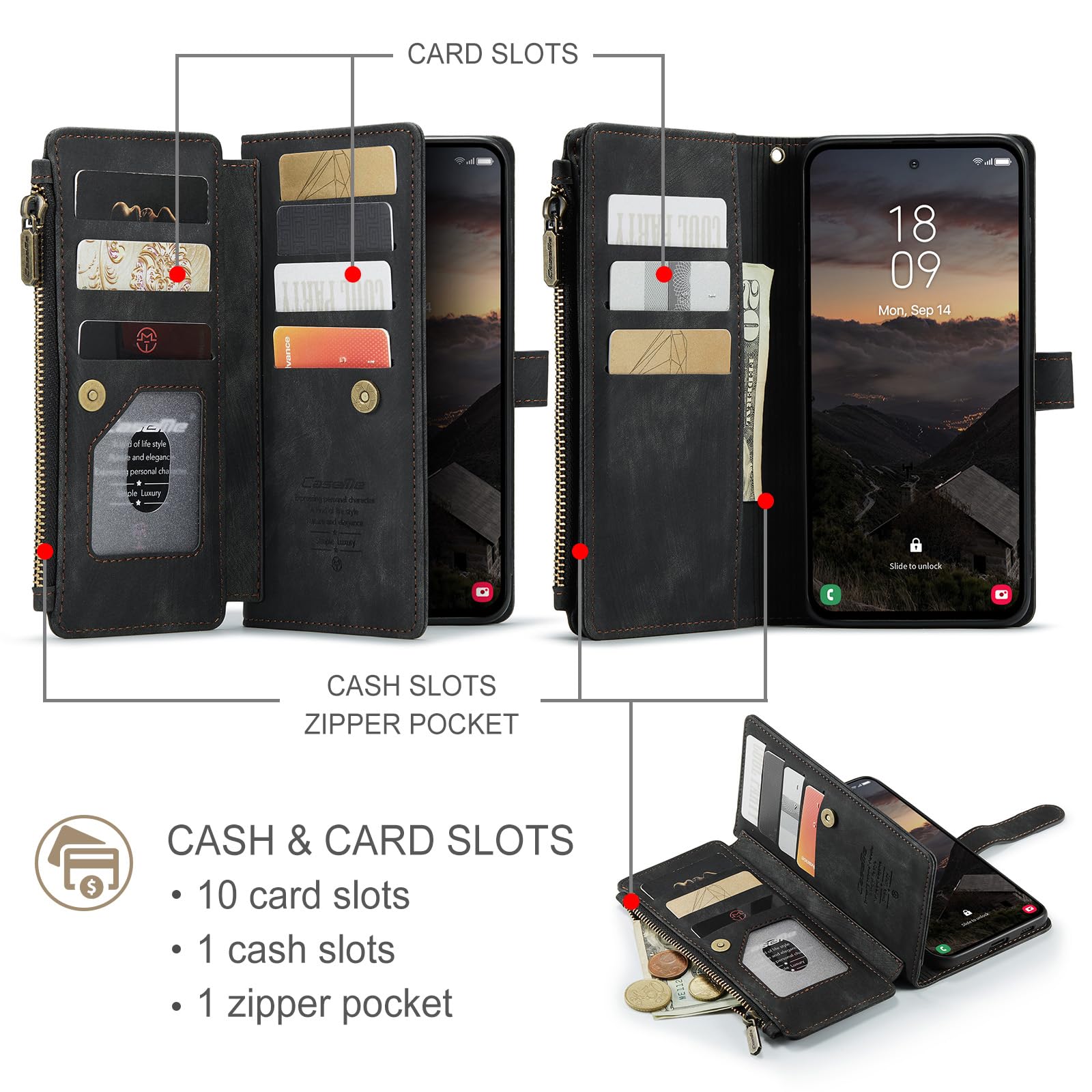 UEEBAI Handyhülle für Samsung Galaxy S26 5G, Retro Reißverschluss Hülle Premium PU Leder Weiche Klapphülle Magnetverschluss Kartenfach Standfunktion Geldbörse mit Trageband Schutzhülle, Schwarz