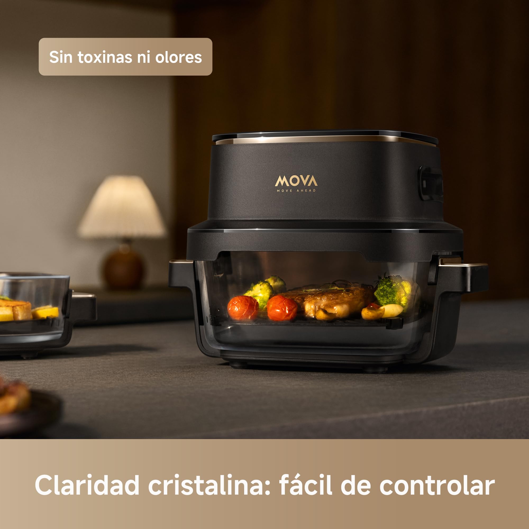MOVA Aeroglass AF20 Pro Freidora De Aire Sin Aceite interior vidrio transparente, doble capacidad 4L+2,5L, recipiente vidrio, motor sin escobillas, 8 recetas inteligentes, control 40℃-185℃.