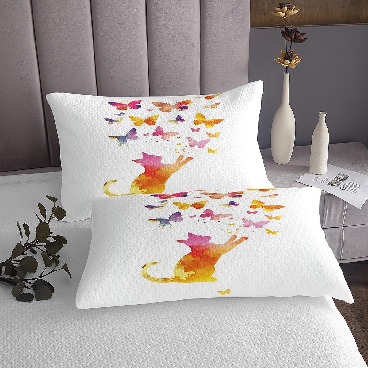 Cute Cat Bedding Set Twin Size,Butterfly Silhouette Bedspread 2Pcs for Kids Girls Woman Teens Room Decor,Cartoon Pet Animals Quilt Comforter Bohemian Dreamy Coverlet,1 Pillowcase