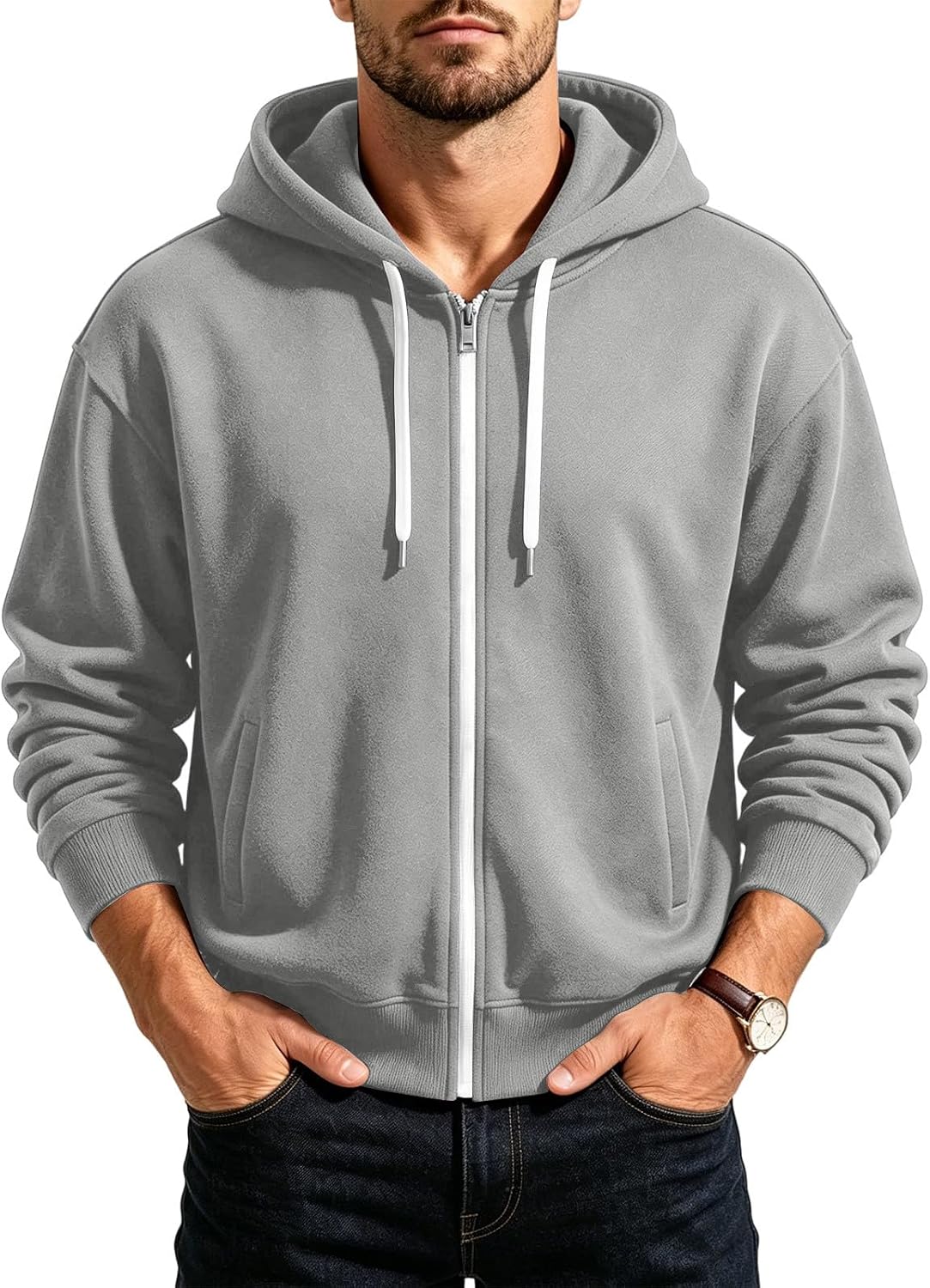 Men Full Zip Drawcord Shirts Long Sleeve Loose Jacket with Pockets