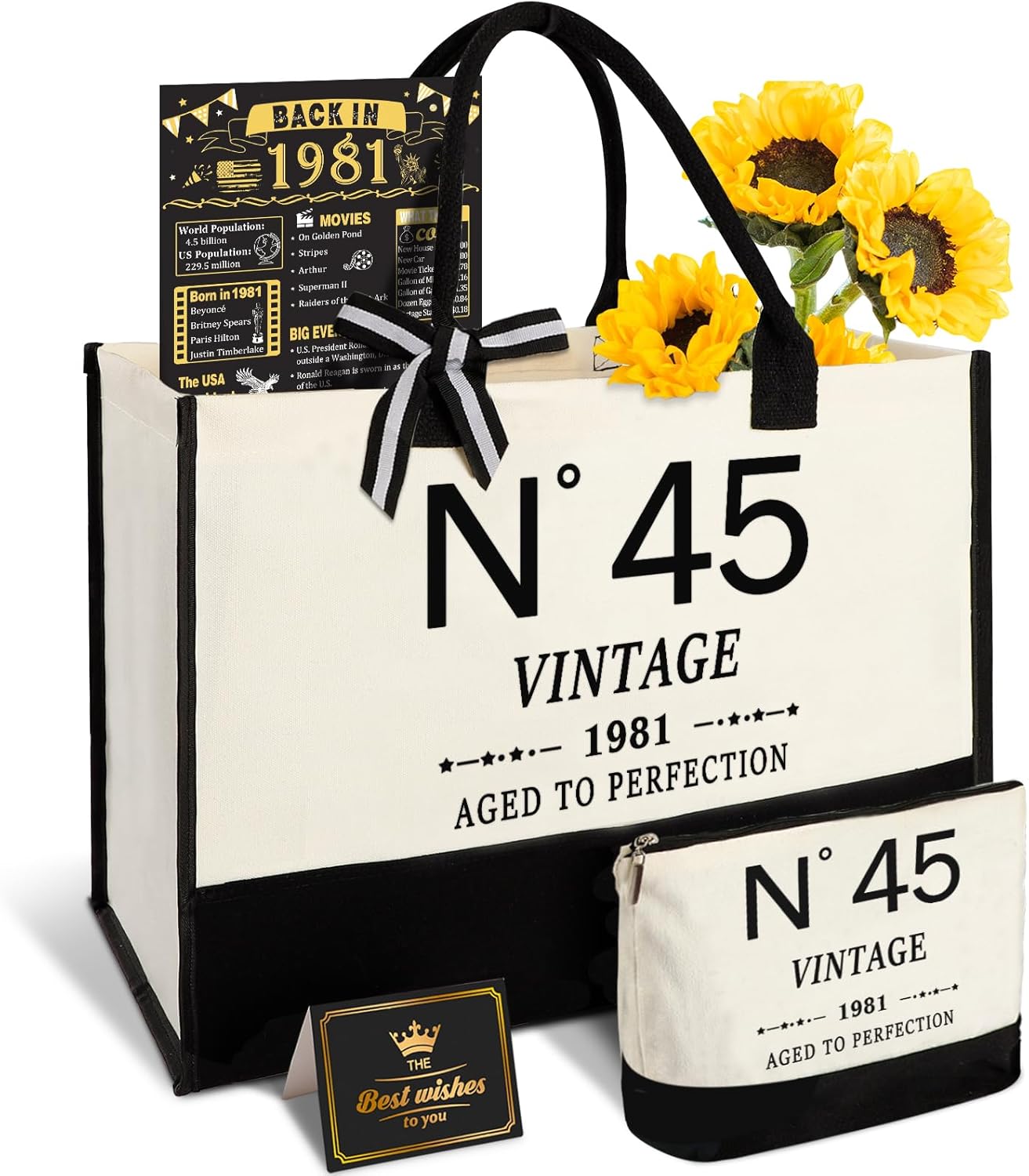 YeohJoy 45th Birthday Gifts for Women Canvas Tote Bag Travel Gear,Unique 45 Years Old Gifts for Wife Mom Sister Aunt Friends Her, Vintage N°45 Handbag & Cosmetic Bag & Back in 1981 Poster