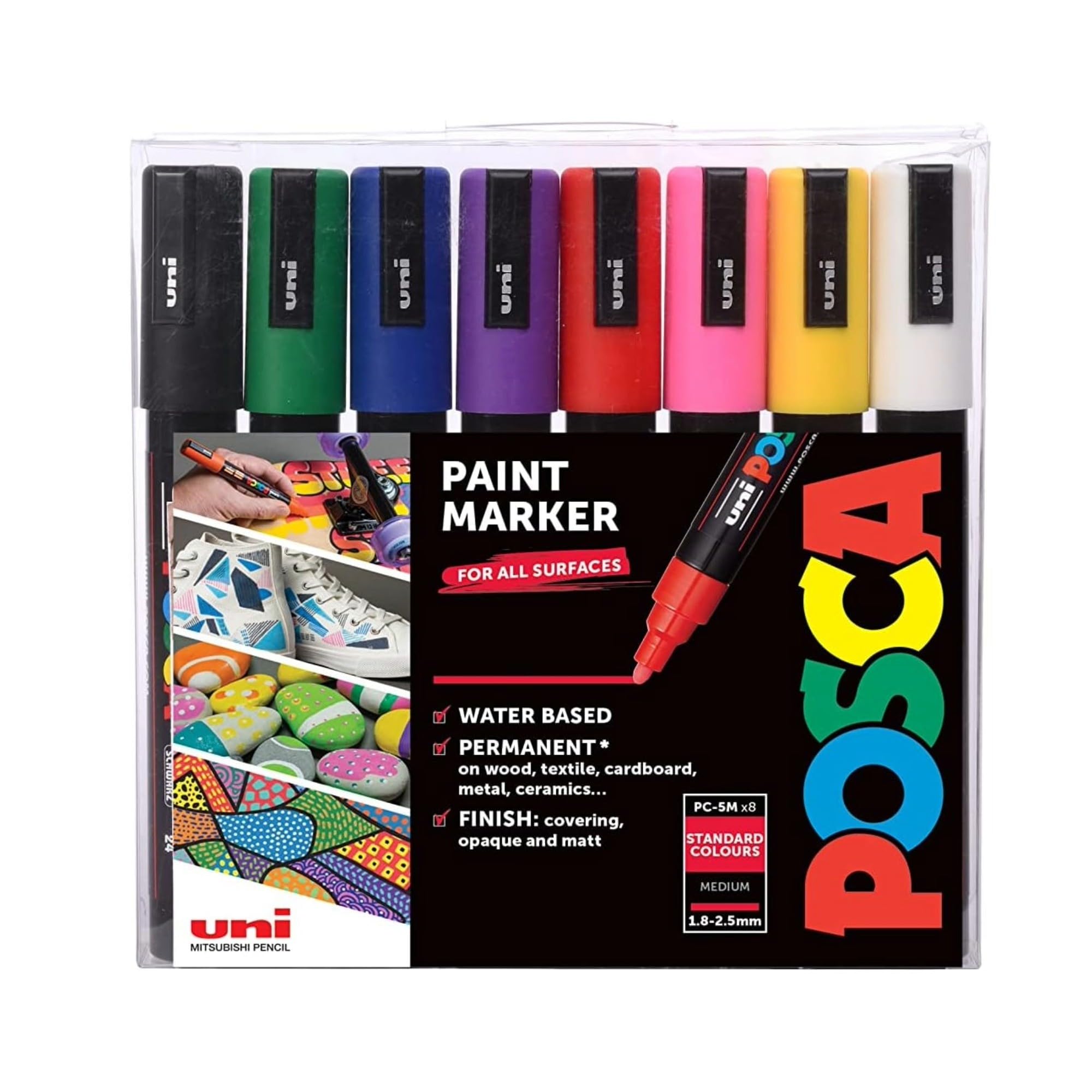 POSCA PC-5M Medium Tip Acrylic Paint Marker Pens, Assorted Colours (8-Pack)