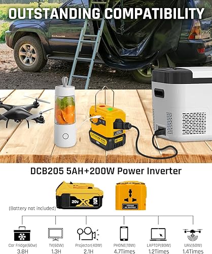 Miniatura 4 de Inversor de corriente de 200 W para batería Dewalt de 20 V y 60 V, CC 20 V a CA 110-120 V inversor de batería con 1 puerto USB, 1 puerto USB-C, luz