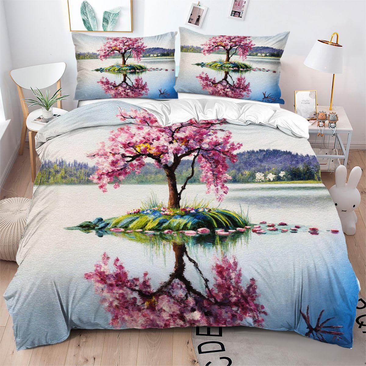 Housse de couette 200x200 arbres et fleurs en microfibre pour lit 2 personnes
