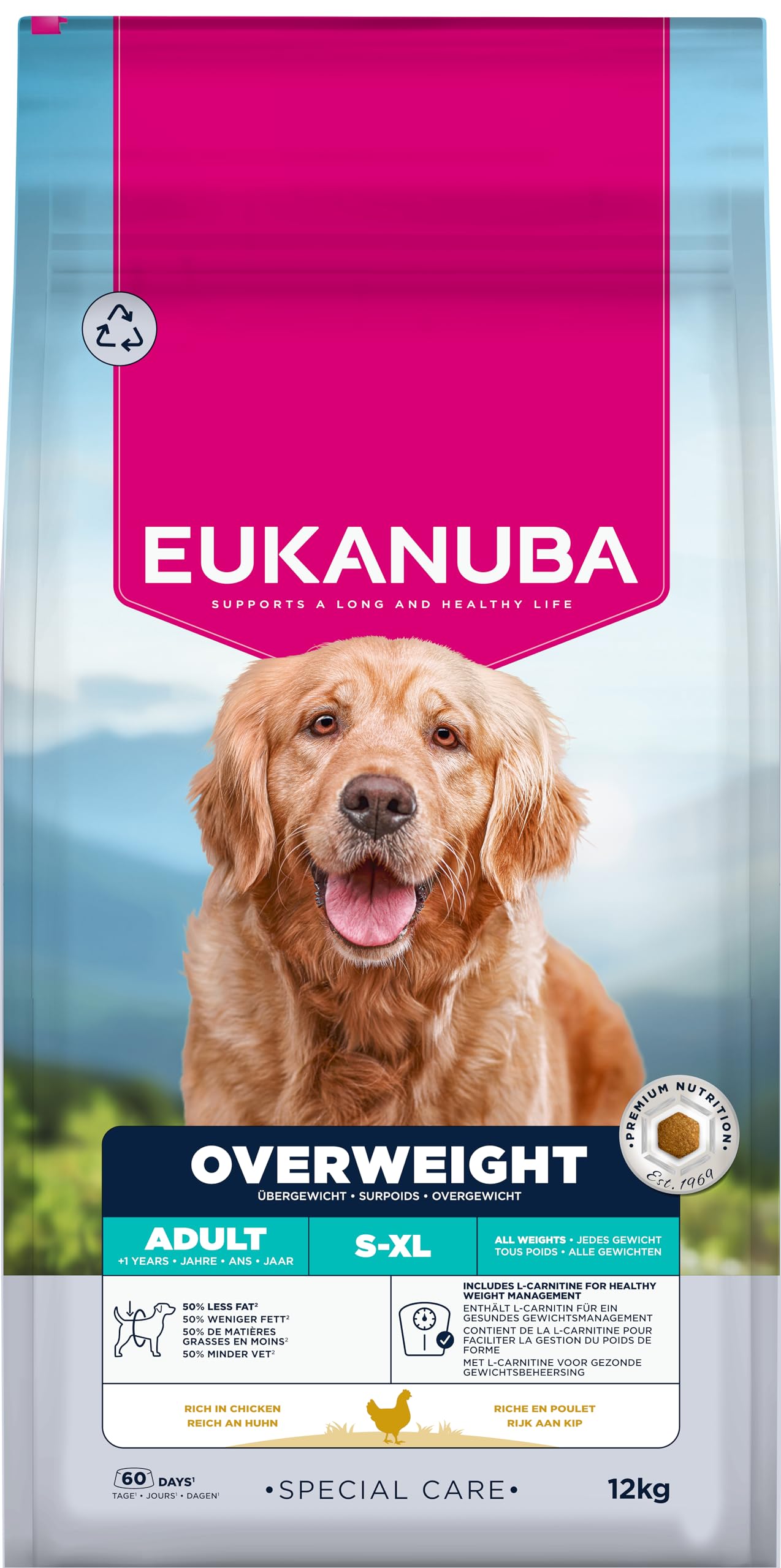 EUKANUBA Overweight Cibo per cani con pollo - Mangime secco Special Care a basso contenuto di grassi per la riduzione del peso, indicato per cani che tendono al sovrappeso, 12 kg