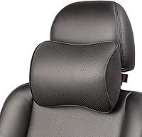 Aukee Memory Foam Car Headrest Pillow with Genuine Leather Cover & Adjustable Straps - Black Neck Support for Driving