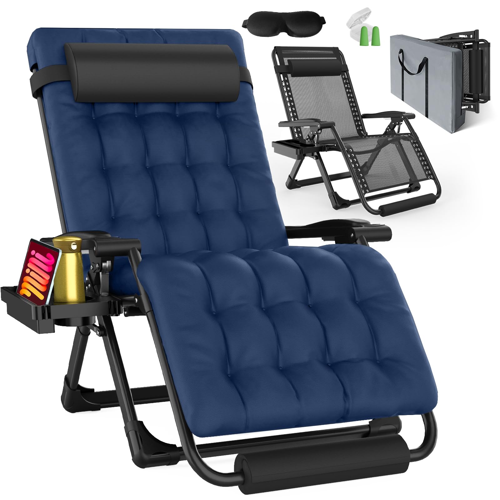 Oversized Zero Gravity Chair with Cushion XXL, 33In Padded Lounge Chair, Recliner Camping Chair W/Full-Alu Alloy Lock, Cushion, Storage Bag, Footrest,