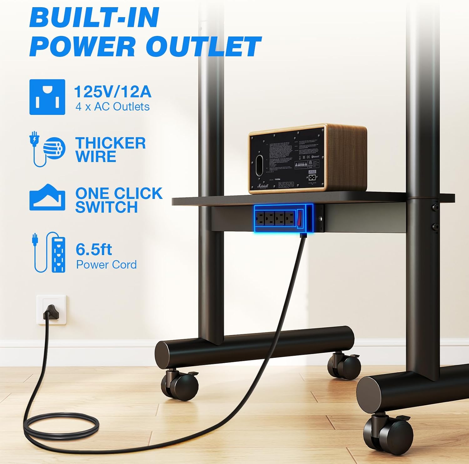 Rfiver Rolling TV Stand with Power Outlet for 40-75 inch TVs, Portable TV Stand on Wheels up to 110 lbs, Height Adjustable Mobile TV Cart for Office, Living Room, Max VESA 400x400mm