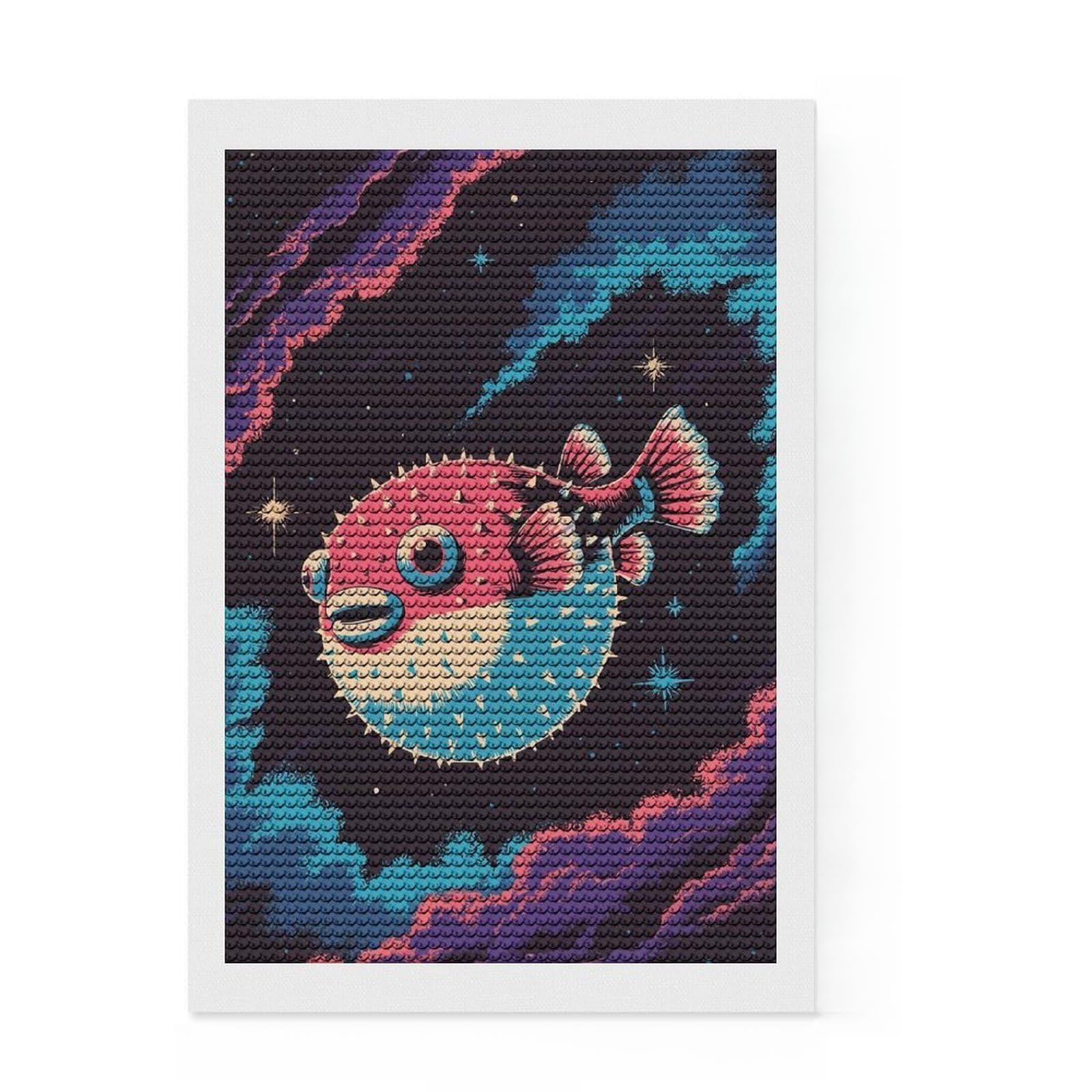 Junmoney Pufferfish in Space Full Drill Diamond Painting Kit 8"x12", Boho Decor, for Family Craft Time, Mindful Craft Activity, Gift Idea