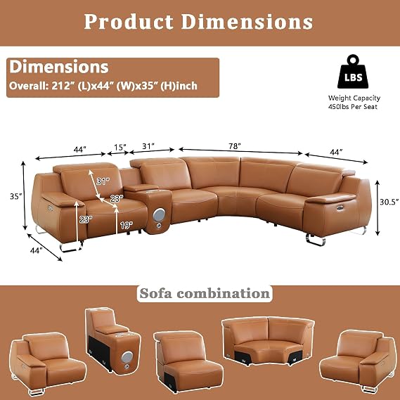 A Ainehome Power Reclining Sectional Sofa with 2 Recliners for Living Room, Power Leather Reclining Sofa Couch with USB Ports, Ginger Leather Couch with Console for Home/Office