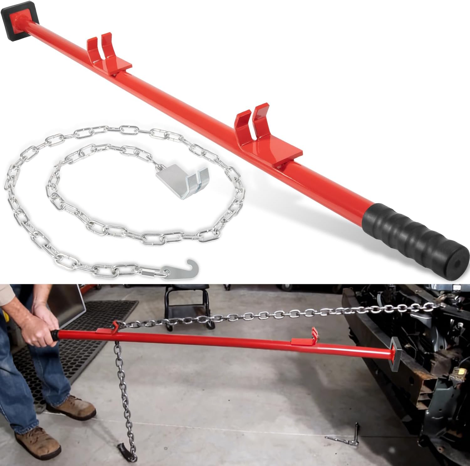 Camoo 𝙐𝙥𝙜𝙧𝙖𝙙𝙚𝙙 77175 Pulling Stick Tool for Boat Car Repair (52" Long), Auto Body Puller Alignment Bar & 72" Chain for Aligning Bumpers, Panels, Hoods, Decks and Brackets Pull Stick XL
