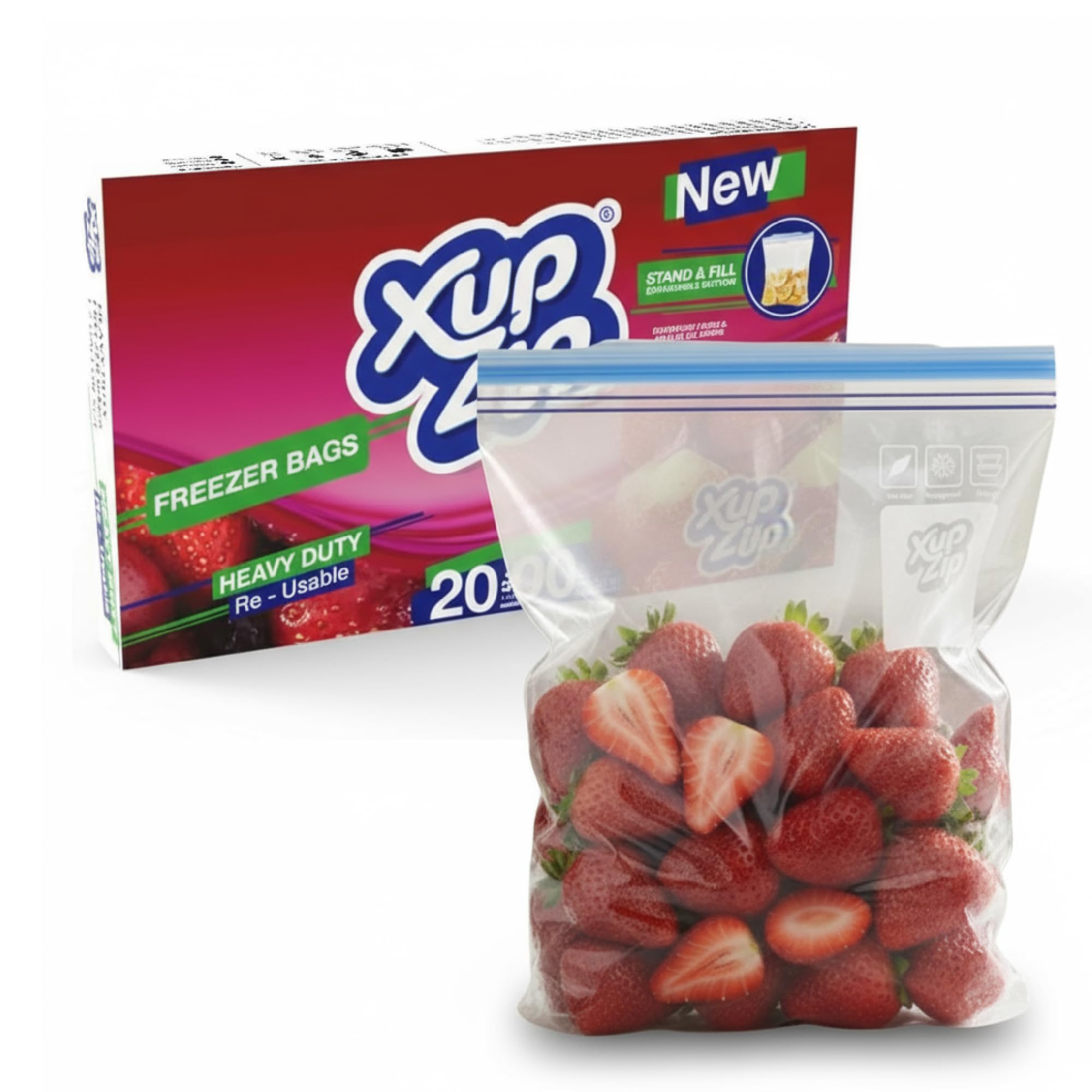 Xupzip 4.55L / Gallon (20 Bags) - Blue Lip 2-In-1 Large Freezer Bags With Airtight & Leakproof Bamboo Seal – (Uk Gallon Size) Reusable Food Bag With Expandable Bottom – Heavy-Duty Zip-Lock Bags, 20 Pcs