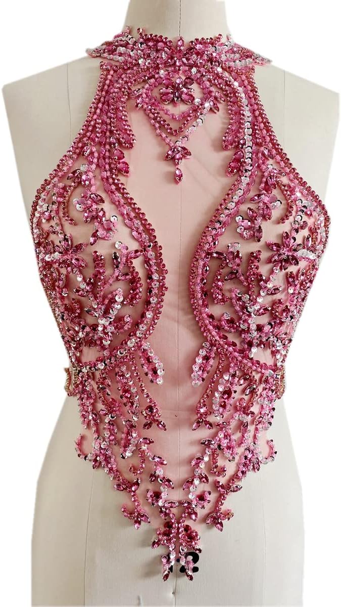 Handmade Rhinestones lace Applique handsewing Beads Trim Patches Dress Front Accessories (Pink)