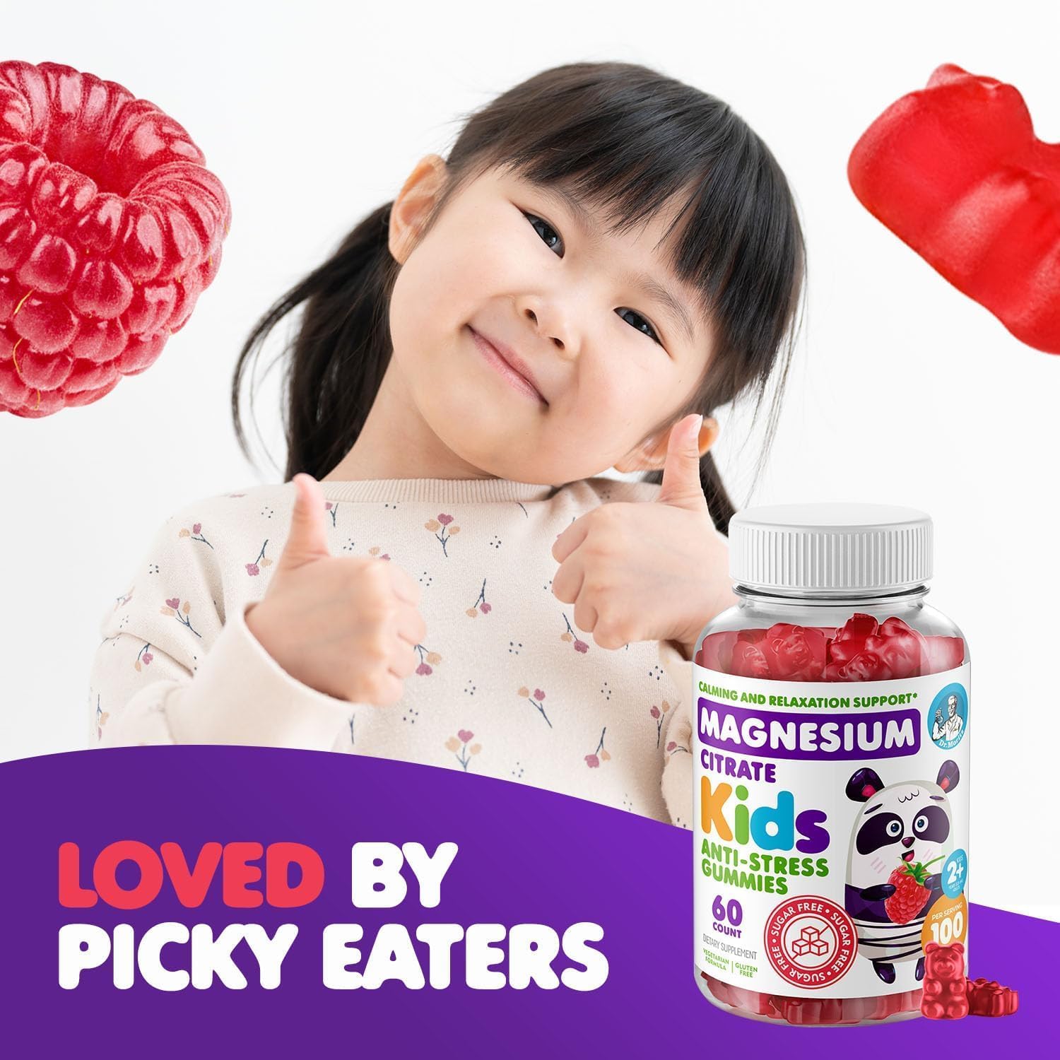 DR. MORITZ Sugar-Free Calm Magnesium Gummies for Kids and Adults - Non-GMO Magnesium Citrate Gummies - Raspberry Flavor - 2-Pack (60 Count) - Image 3