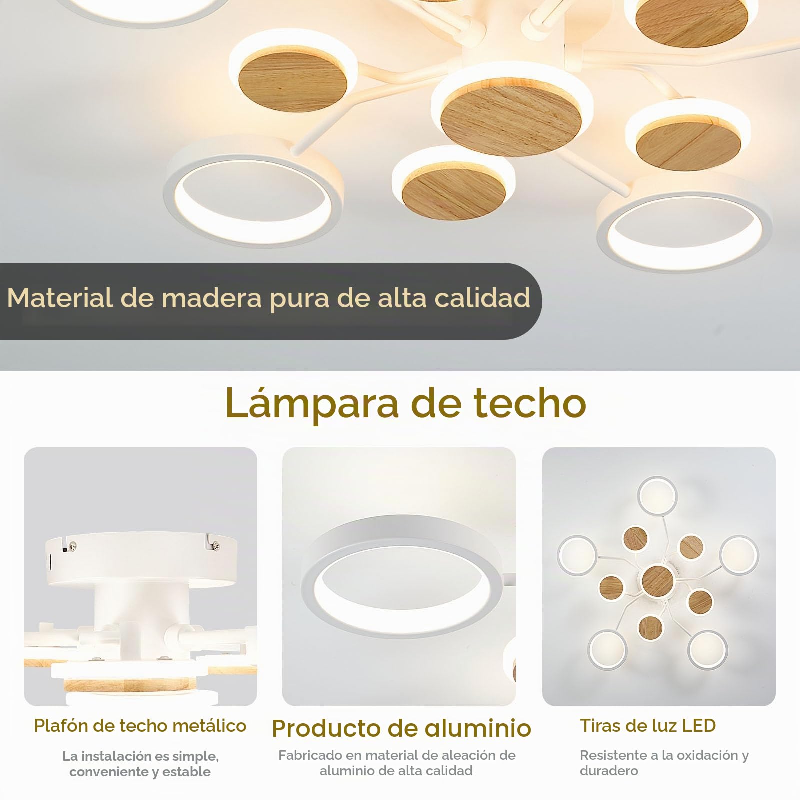 Lampara Techo Salon Led, TambiéN Funciona Como Lamparas Plafon Madera Moderna, Tipo Semi-Flush Con Luz Regulable Para Grandes Espacios (11 Luces, Blanco).
