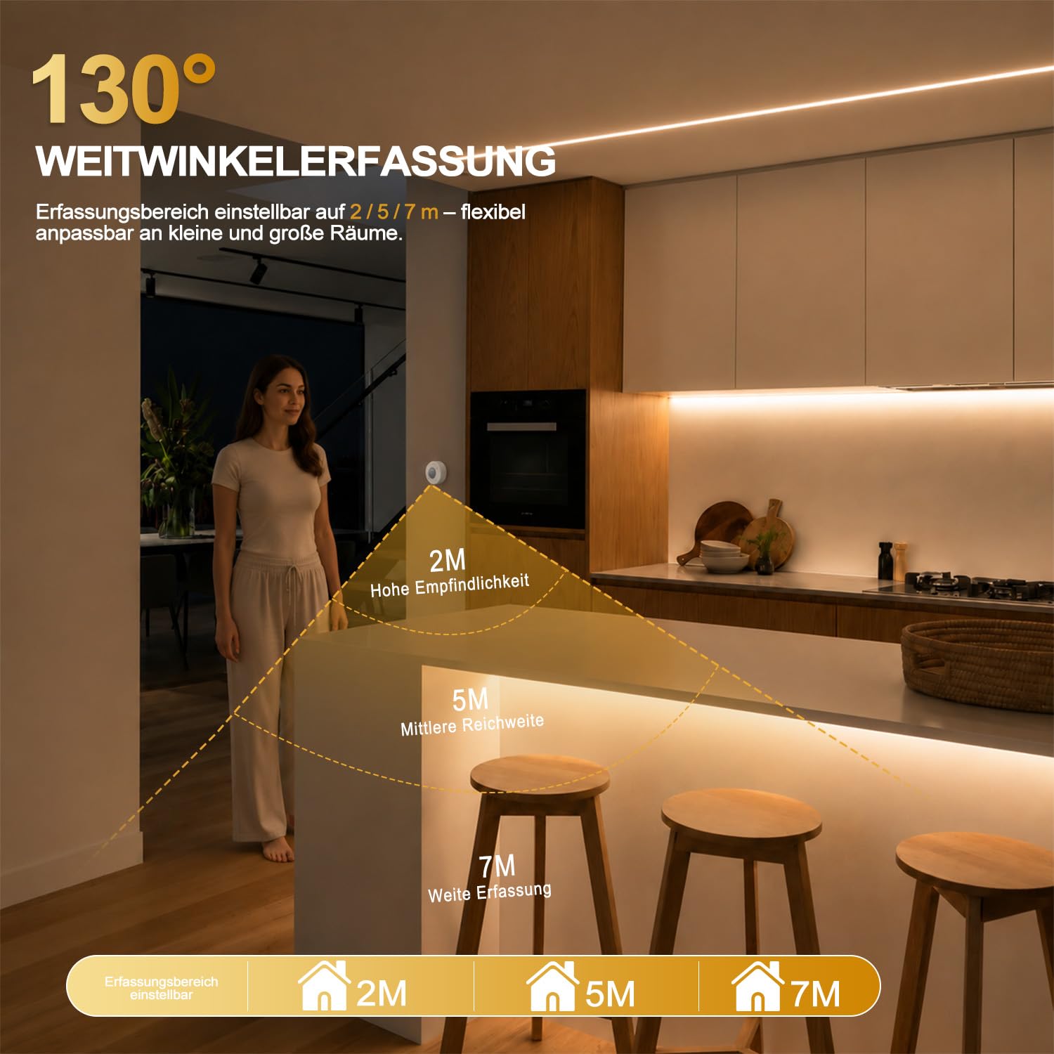 MDee 5M 230V COB LED Streifen mit Bewegungsmelder IP65 3000K Warmweiß