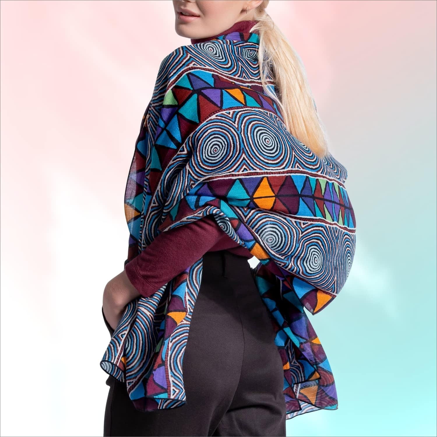 Mainie Desert Journey Wool Scarf for Women, Australian Aboriginal Art Print, Merino Wool Scarves for Women Fashion, Rectangle Long Lightweight Head Wool Scarf for Winter Warm