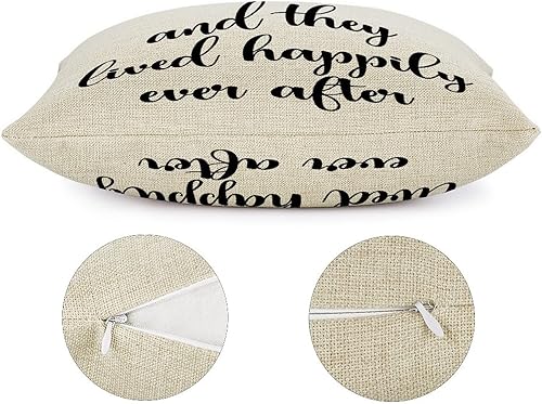 Miniatura 3 de Fundas de almohada de lino de 20 x 20 pulgadas, funda de cojín suave con cremallera oculta y vivían felices para siempre, funda de almohada rústica
