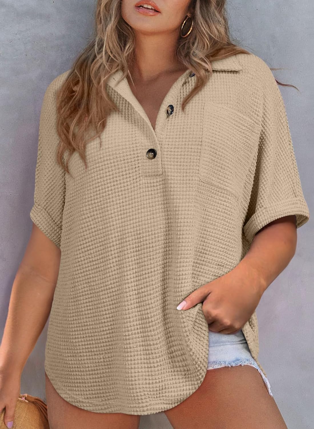 Eytino Plus Size Button Down Shirts for Women Casual Waffle Knit Tops Short Sleeve V Neck Dreesy Blouse Tunic(1X-5X) - Image 2