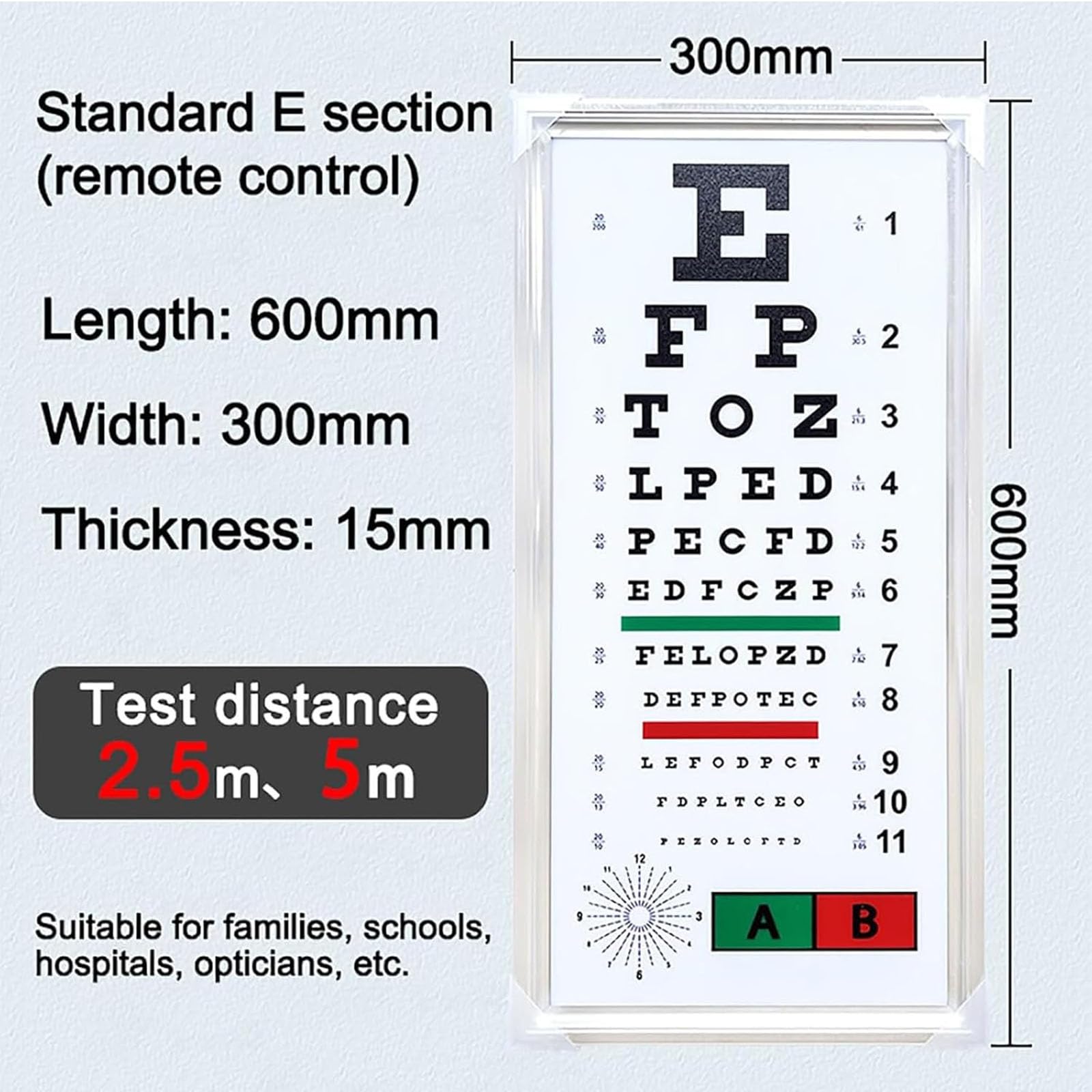 Tableau d'acuité visuelle à LED, antireflet et résistant à la décoloration, avec repère de visée Rouge/Vert, Mesure de Distance 2,5/5 m, pour opticiens, cliniques et écoles.