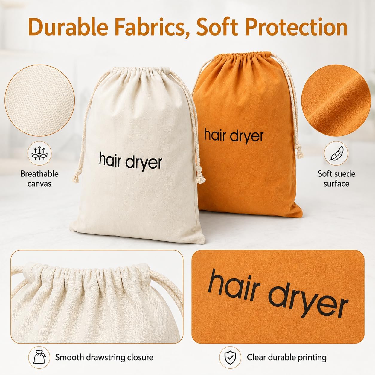 2PCS Hair Dryer Bag Drawstring Soft Suede Fabric​ Blow Dryer Organizer for Travel & Bathroom, Cotton Canvas Hair Dryer Case Container Dust Storage, 11.8 x 13.4 Inches (Yellow and White)
