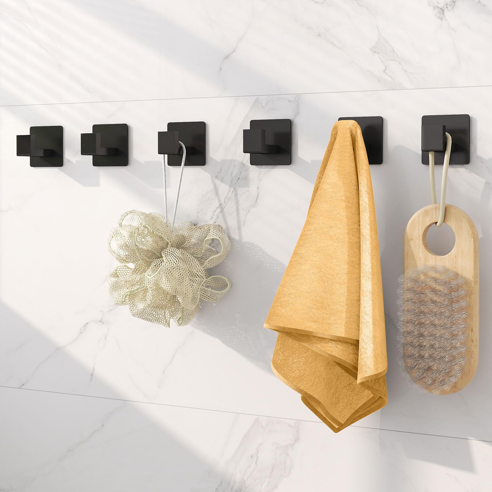 Paquete de 6 ganchos adhesivos para toallas de baño, pared interior de ducha resistente, adhesivo en el abrigo de bata, colgador de baño, pared, cocina, armario, RV (negro)