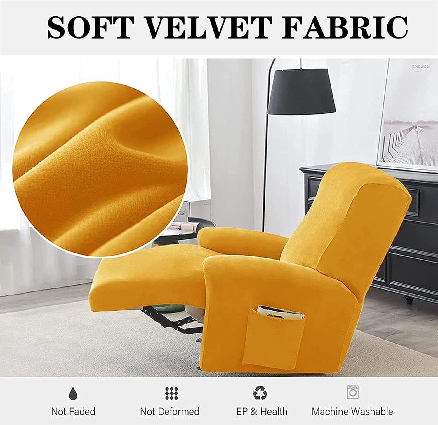Velvet Stretch Recliner Cover, 4-Piece Recliner Chair Cover with Side Pocket Recliner SlipCovers with Elastic Bottom Furniture Cover for Living Room Pet-Golden-1 seat