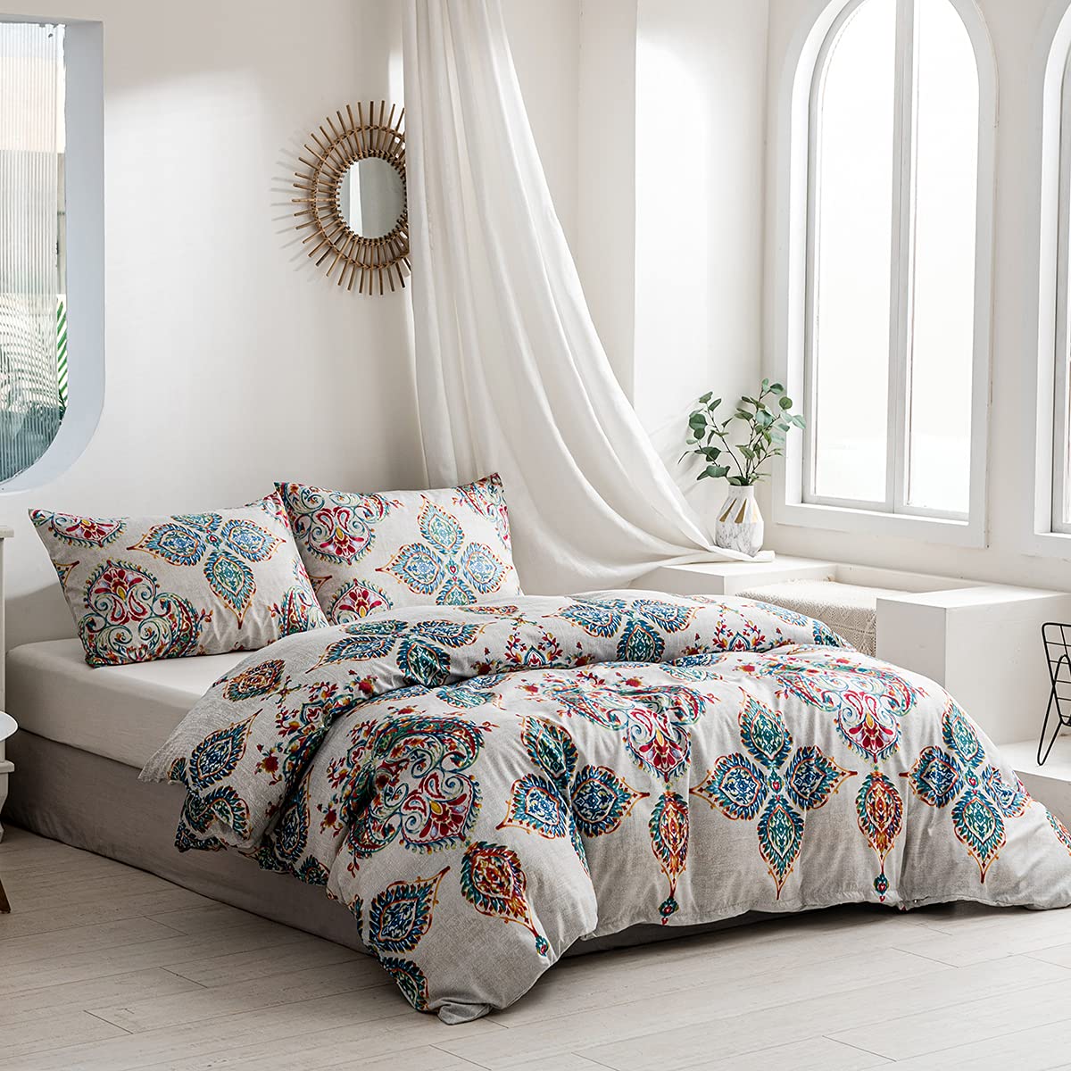 Damier Ropa de cama de 200 x 220 cm, diseño bohemio, color turquesa indio, mandala, funda de edredón de microfibra con cremallera oculta y 2 fundas de almohada de 80 x 80 cm