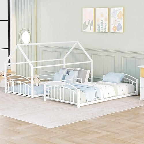 Miniatura 23 de Harper & Bright Designs Litera de metal individual sobre individual con tobogán, litera de casa con tobogán y techo, marco de litera baja para Negro