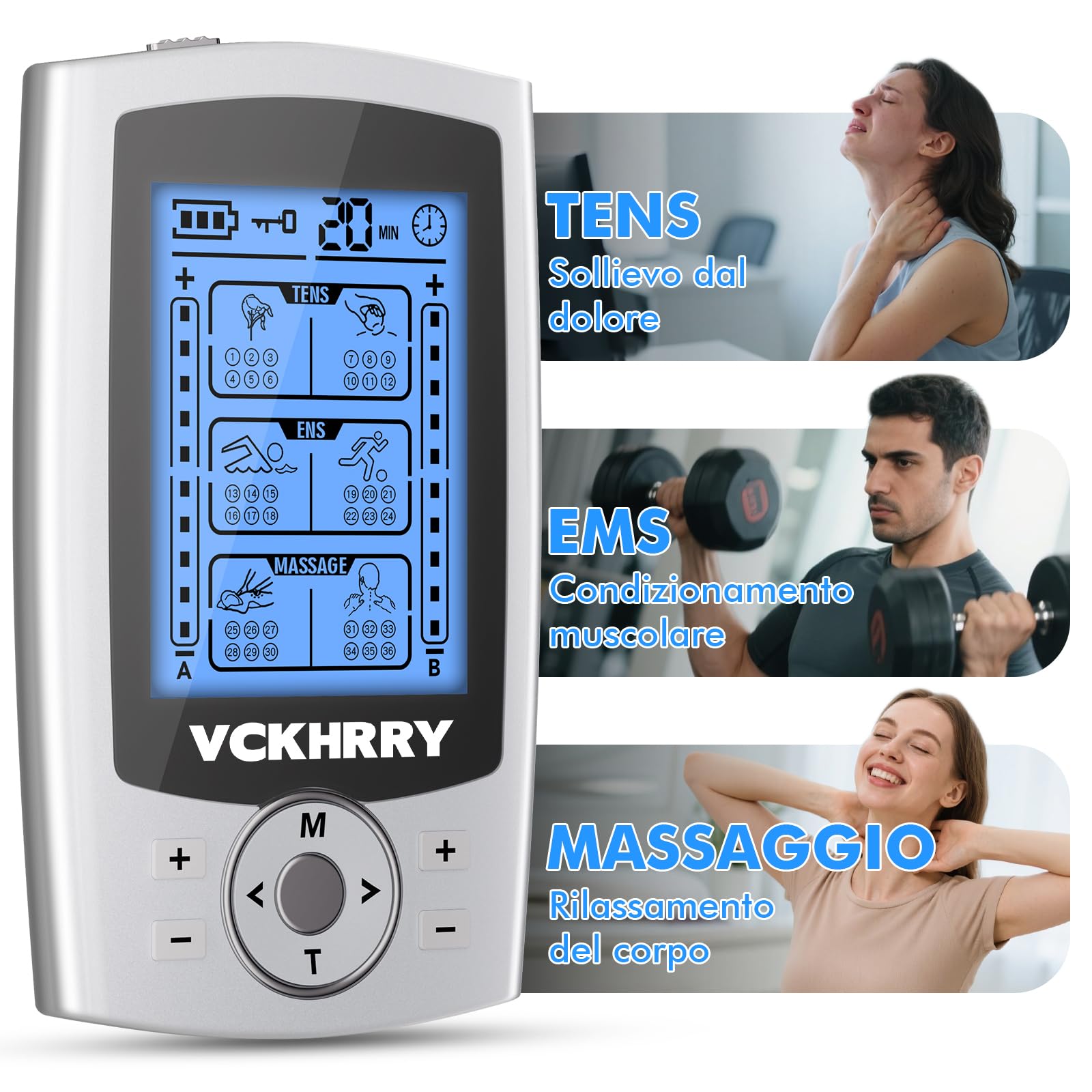 Elettrostimolatore Muscolare TENS EMS 3 in 1 per Costruire Muscoli, Allenamento EMS, Funzione Massaggio, 2 Canali e 36 Programmi, 20 Livelli di Intensità, 10 Pezzi di Elettrodi TENS