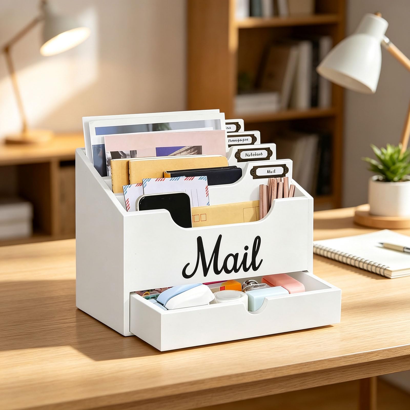 Organizer da scrivania in legno con cassetto, smistatore posta a più livelli per lettere, penne, quaderni, portaoggetti per scrivania per studio in casa Organizer da scrivania in legno smistatore
