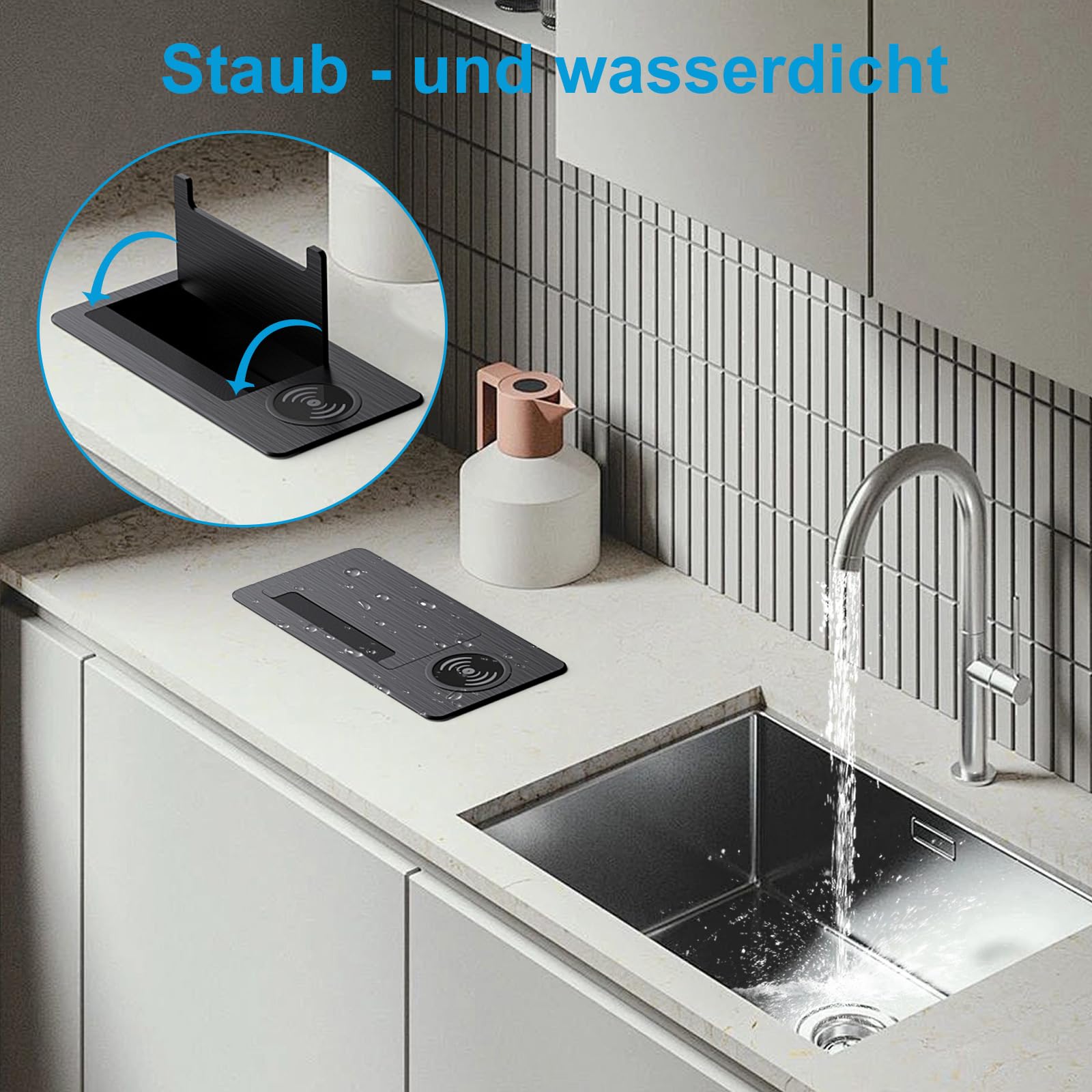 Ciabatta elettrica a scomparsa a 2 prese con 2 USB-C PD 20 W e 1 USB-A, presa da incasso in alluminio con cavo da 2 m, colore nero