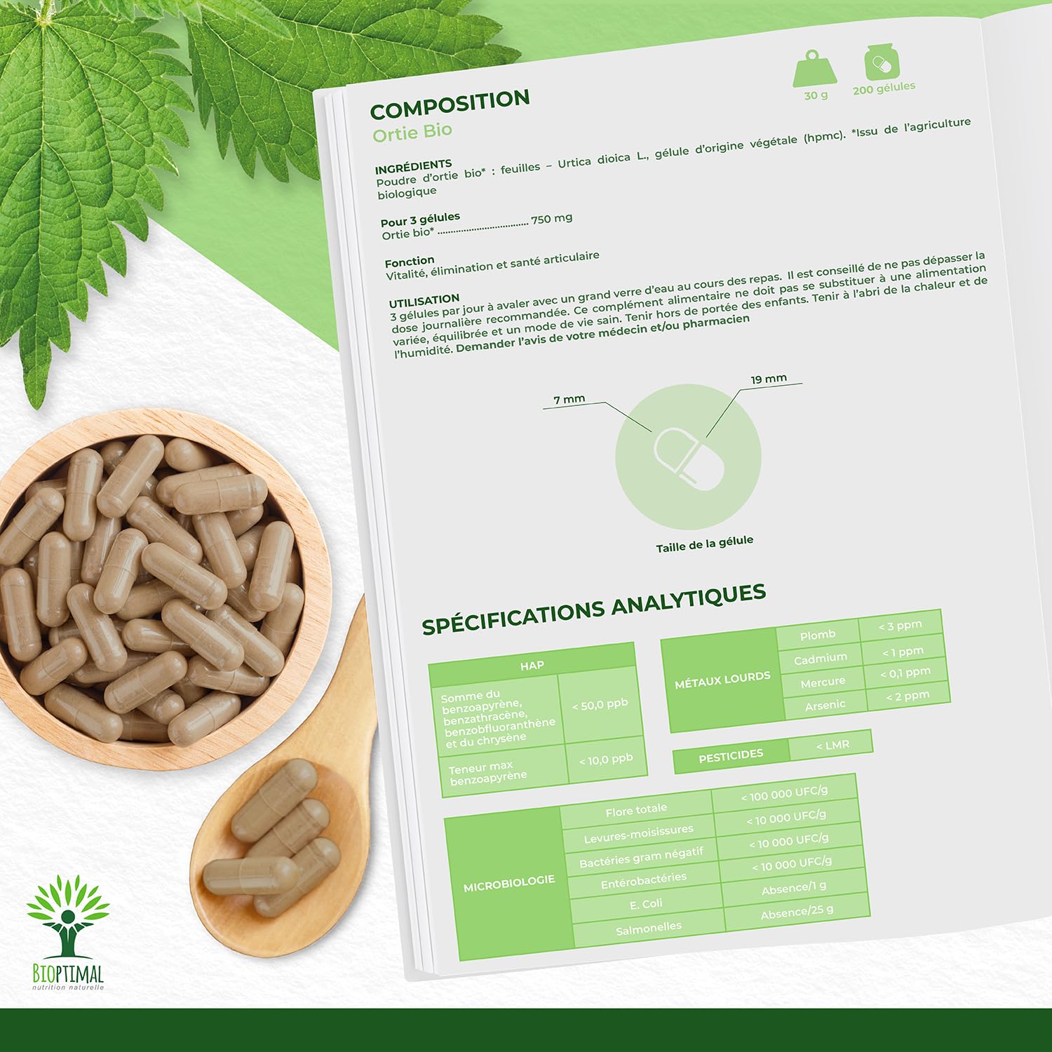 Ortie Bio - Bioptimal - Complément Alimentaire - Silicium Organique - Poudre de Feuille Ortie Pure - Articulation Peau Circulation - 250 mg/gélule - Cultivé en France - Certifié Ecocert - 200 gélules