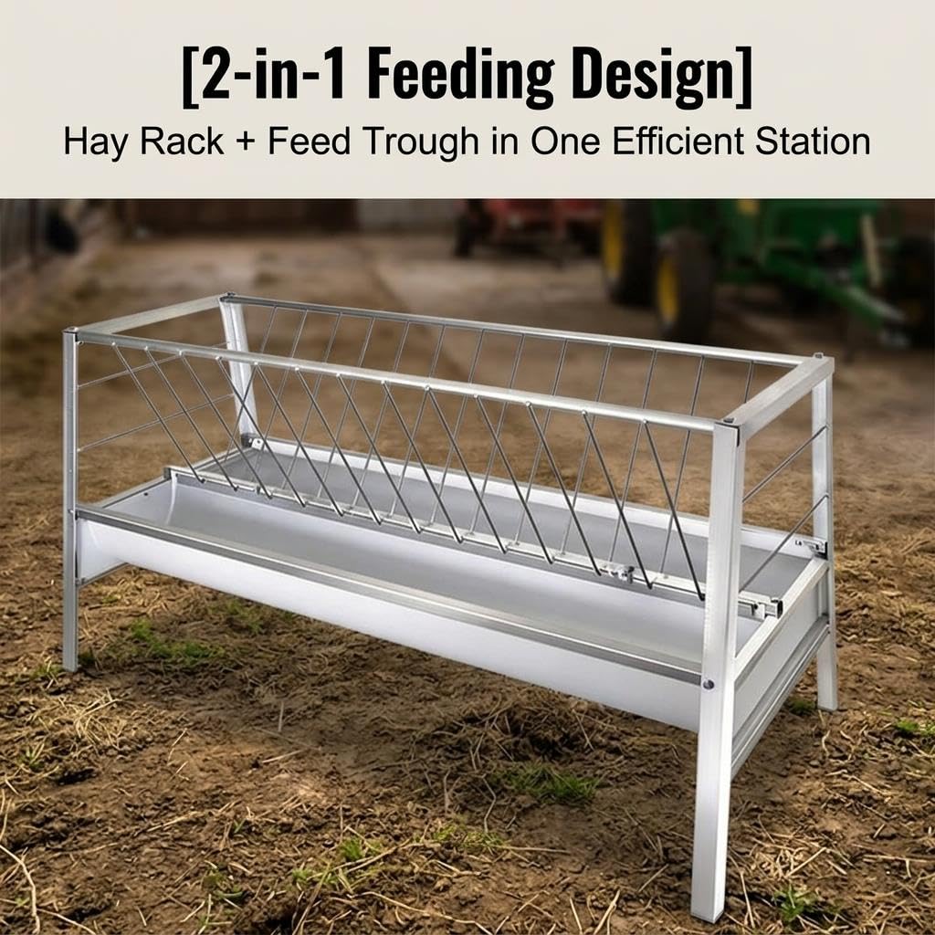 Comedero para heno para Cabras de 94 galones y 65 Pulgadas, comedero de Acero Inoxidable Resistente para Ganado con Bandeja Profunda, diseño Que Ahorra Espacio para Uso en Granjas, cobertizo