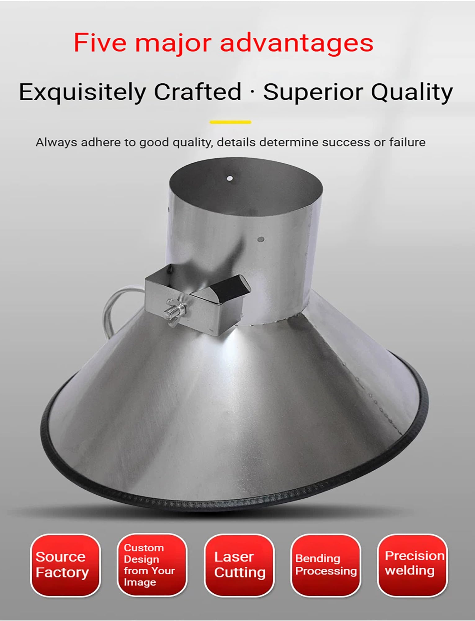 Campana de humo de acero inoxidable 304, tubo de escape redondo de soldadura con succión ajustable para colección industrial, 35 cm de diámetro, 14 cm de apertura