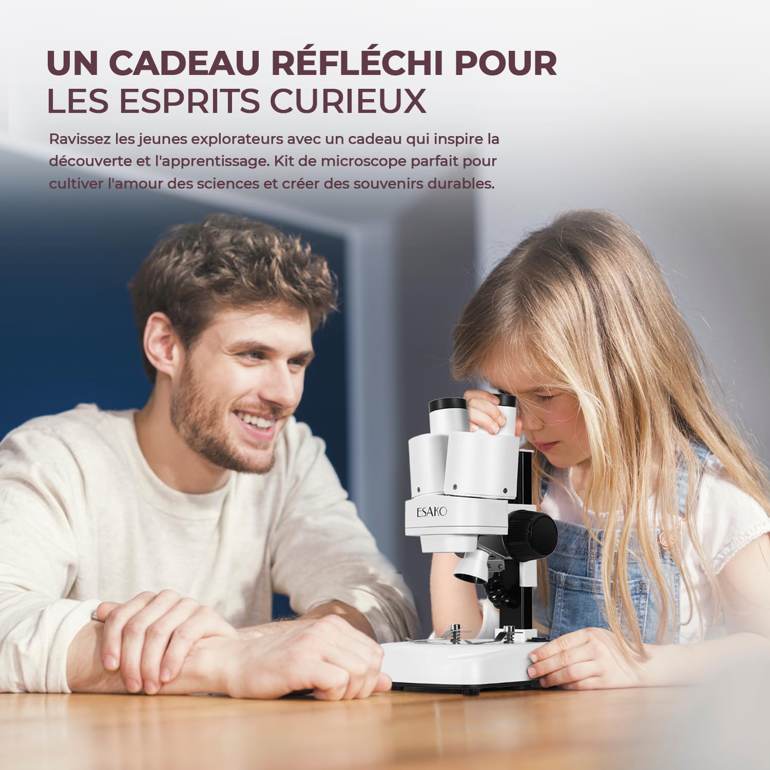 ESAKO Microscope pour Enfants à Double LED - Kit Scientifique avec 10 Lames préparées & 10 Lames Vierges
