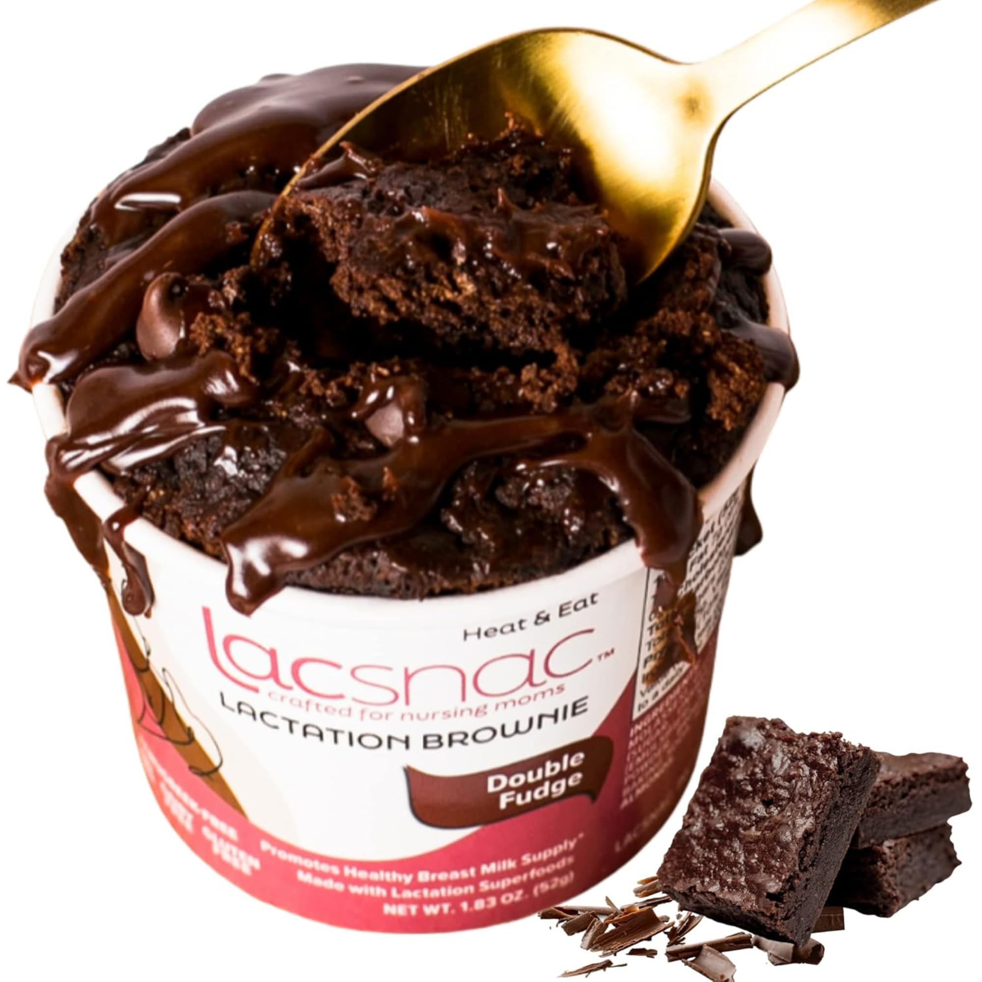 LACSNACLactation Double Fudge Brownie Cup (1.83oz, Pack of 6) - Brownies for Nursing Moms - Made With Flax Seeds, Brewer’s Yeast, Spinach and Broccoli - Promotes Lactation Support & Healthy Breast Milk Supply Increase - GMO-free, Gluten-free