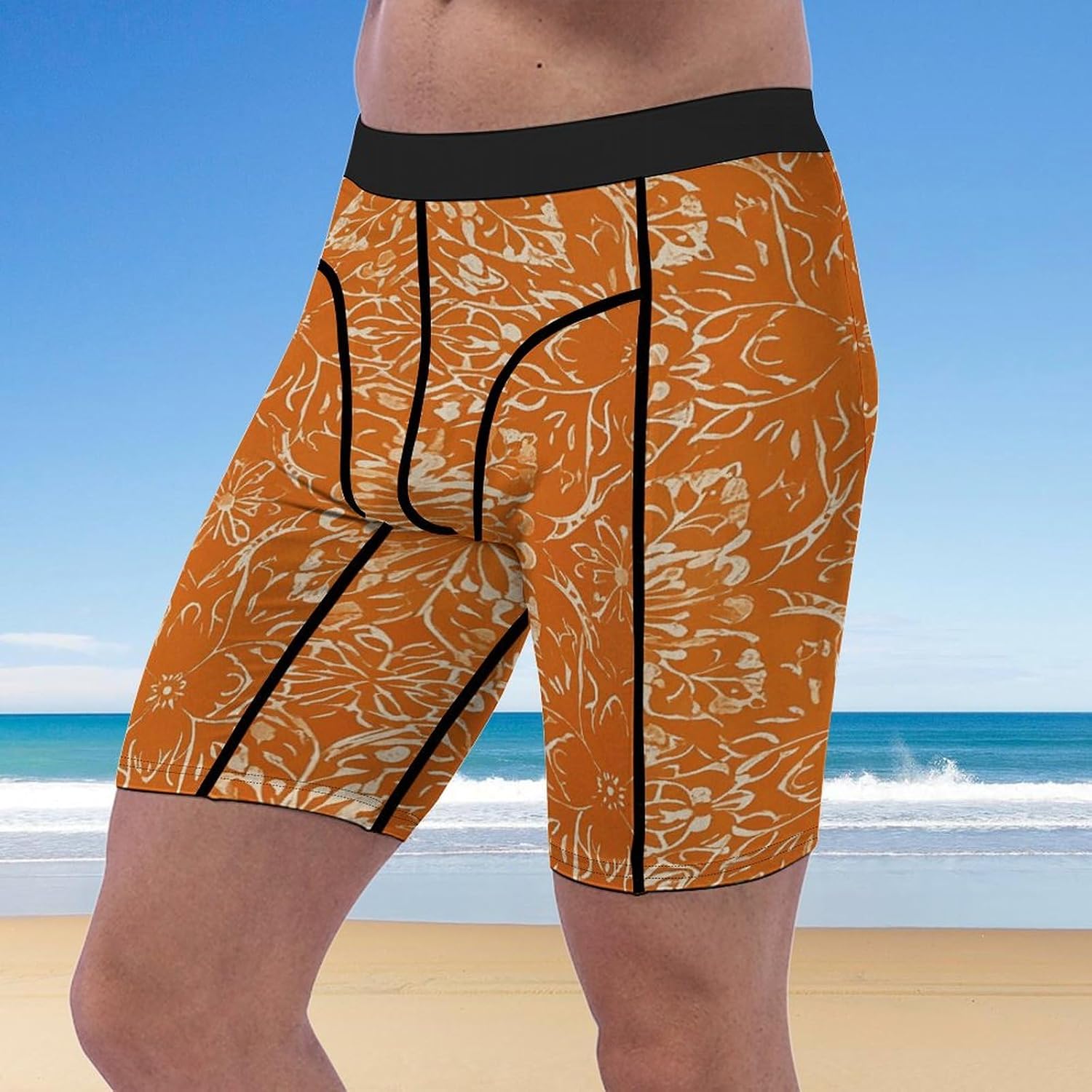 Orange Pattern Compression Shorts Men Spandex Sport Shorts Workout Performance Baselayer Underwear