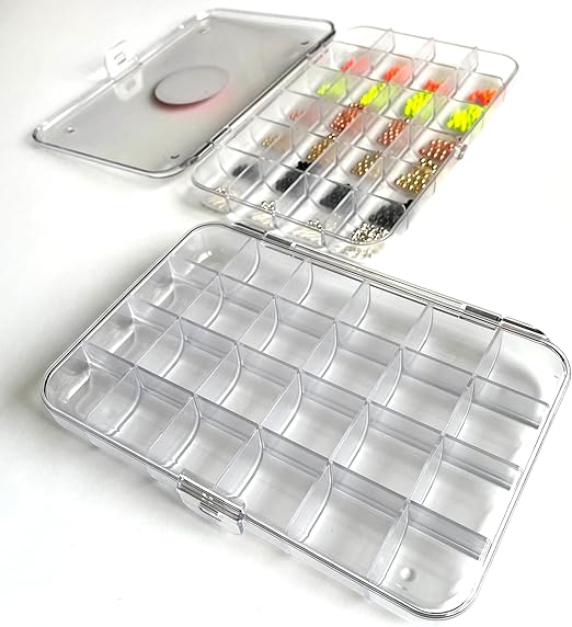 Mavrk Fly Fishing Pro Box 24, 24-Slot Fly Tying Hook and Bead Organizer, Strong Clear Plastic Storage Container for Crafts and Small Parts, Rounded Bottom Corners, Secure Closure Clasp Craft Storage.