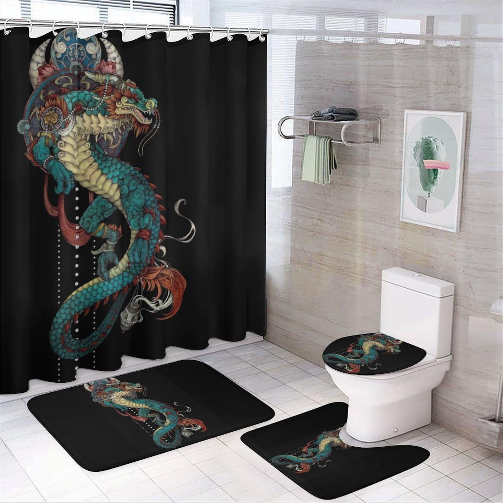 JZemdybill Bathroom Mat Set 4 Piece, Mythical Dragon Shower Curtain with Non-Slip Bath Mats for Bathroom
