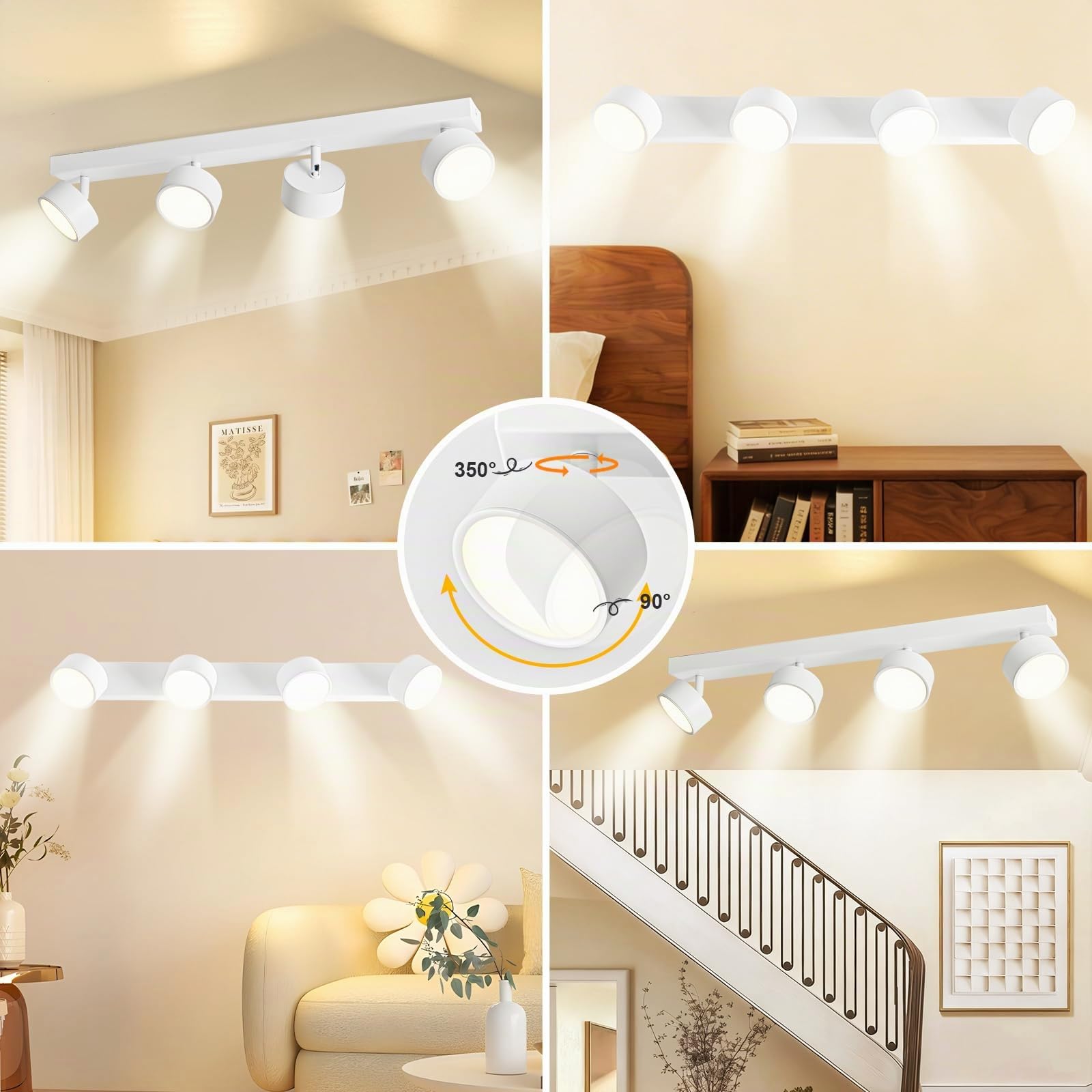 Deckenlampe LED 4 Flammig Deckenleuchte Wohnzimmer - Deckenstrahler Deckenlampe Weiß 24W Warmweiß LED Deckenspot Modern Schwenkbar Lampe Strahler Wandlampe für Flur Schlafzimmer Küche