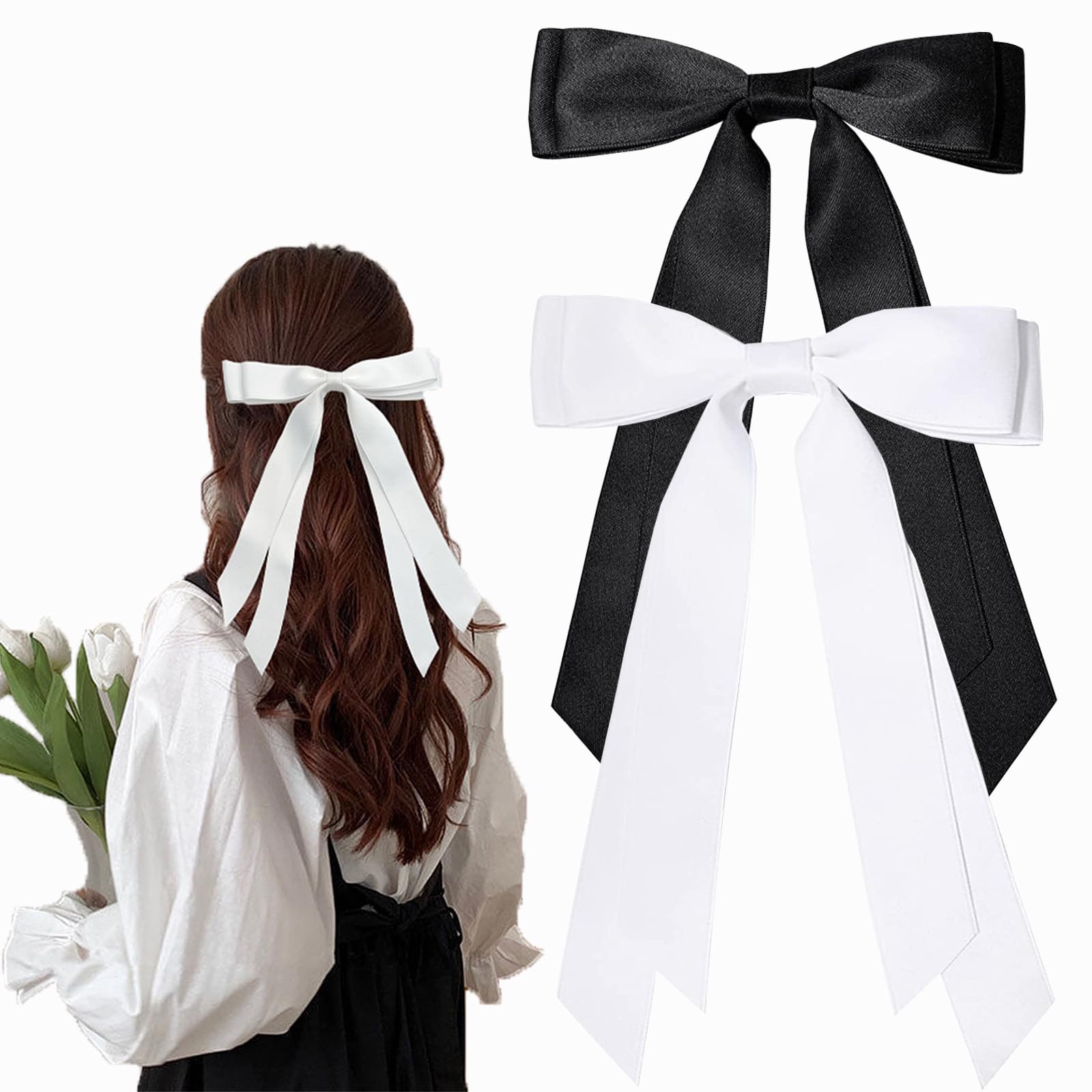 SALOCYHair Clip, 2 PCS Satin Hair Bows for Women & Girls With Long Tassel, Big Ribbon Bows for Hair Design (Black+White, 2 Count)