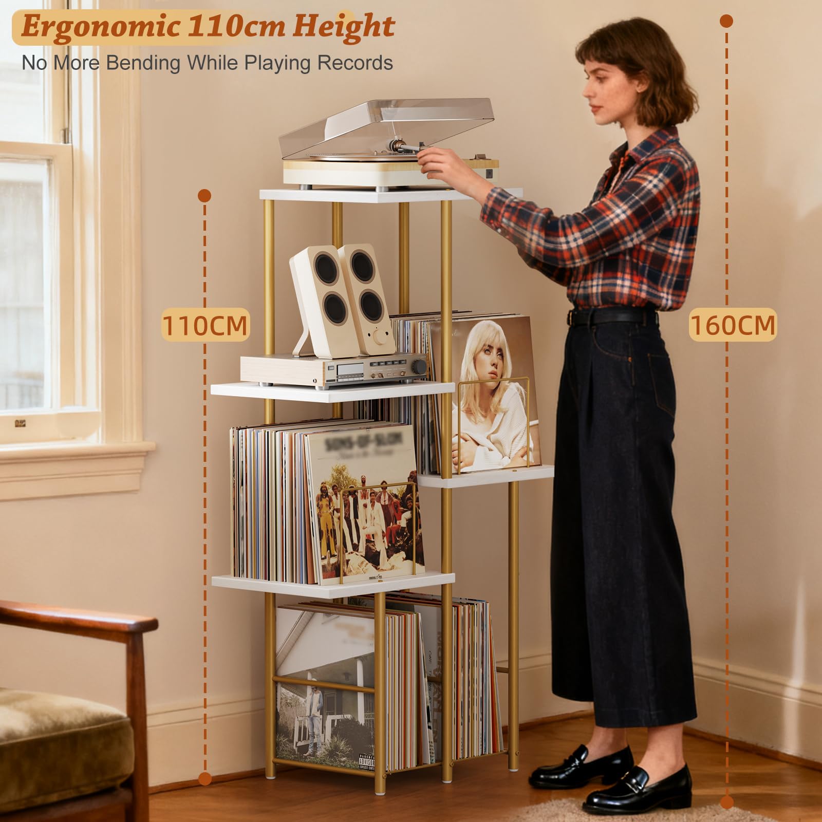 Bikoney Tavolo Porta Giradischi con Mobile per Dischi in Vinile - Oro | Consolle Alta in Legno per Soggiorno e Camera, Supporto per Giradischi Salvaspazio con Espositore e Organizer LP